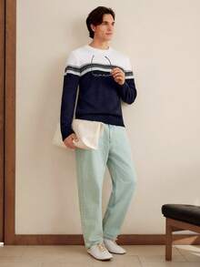 RONVEXI Men's Striped Pattern Crew Neck Long Sleeve Casual Sweater, Autumn/Winter - Multicolor - View 3