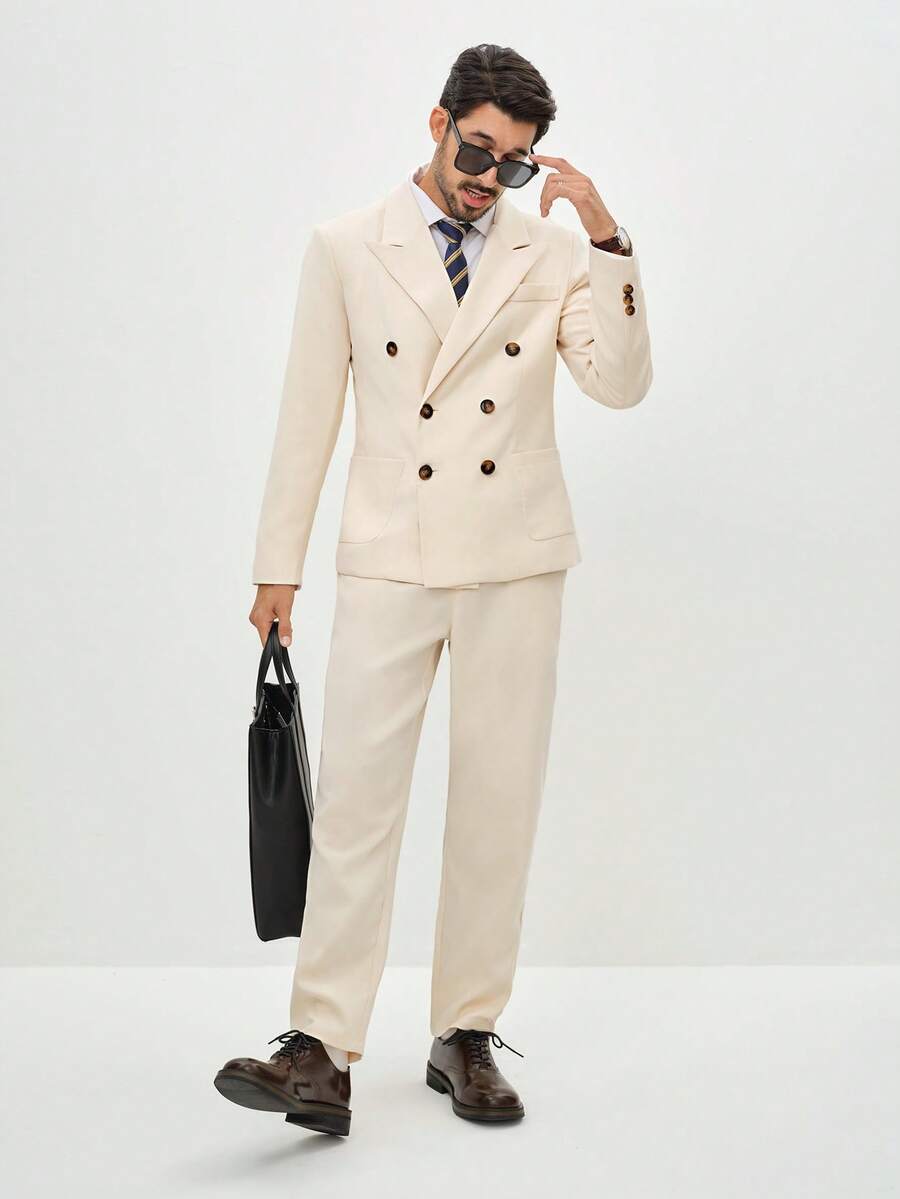 Manfinity CityGents Herren Einfarbiger Anzug mit Kragen, Langarm, Doppelreiher Jacke und Hose, Freizeitanzug Set