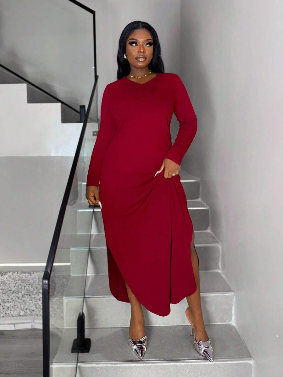 Xyvia Solid Split Hem Tee Dress Maxi Women Outfit - Burgundy - View 1