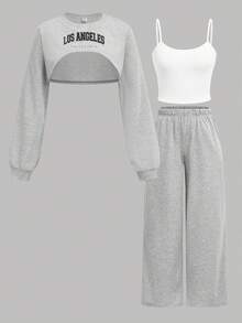 SHEIN Girlism Bộ 3 món áo nỉ in chữ thời trang đường phố cho bé gái tuổi teen, áo ba lỗ và quần dài, xuân/đông - Màu Xám nhạt - Xem 2