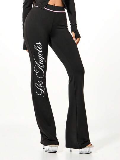 SUMWON WOMEN Pantalones acampanados con estampado gráfico del letrero de bienvenida a Los Ángeles, California