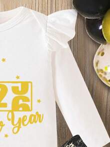 2件套女婴2026新年烟花字母印花圆领长袖荷叶边下摆连体衣和喇叭裤套装，时尚简约，适合新年、春季和秋季穿着。 - 彩色 - 查看 5