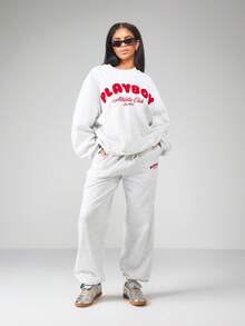 Missguided x Playboy Athletic Club 舒适运动裤 灰色法国毛圈绒 复古运动俱乐部设计 舒适家居服 高腰抽绳 弹力卷边裤脚 休闲裤 - 灰色 - 查看 3