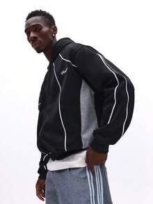 SUMWON Full Zip Hoodie With Contrast Piping And Embroidered Logo For Casual Streetwear Plain - Black - View 7