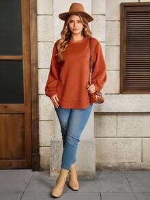 EMERY ROSE Plus Size Women Red Loose Fit Round Neck Drop Shoulder Long Sleeve Smart Casual Everyday Sweatshirt,Autumn Cozy Christmas Jumper Country Style - Rust Brown - View 6