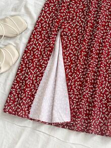 Soleia 女式碎花休闲开衩裙 - 酒紅色 - 查看 3