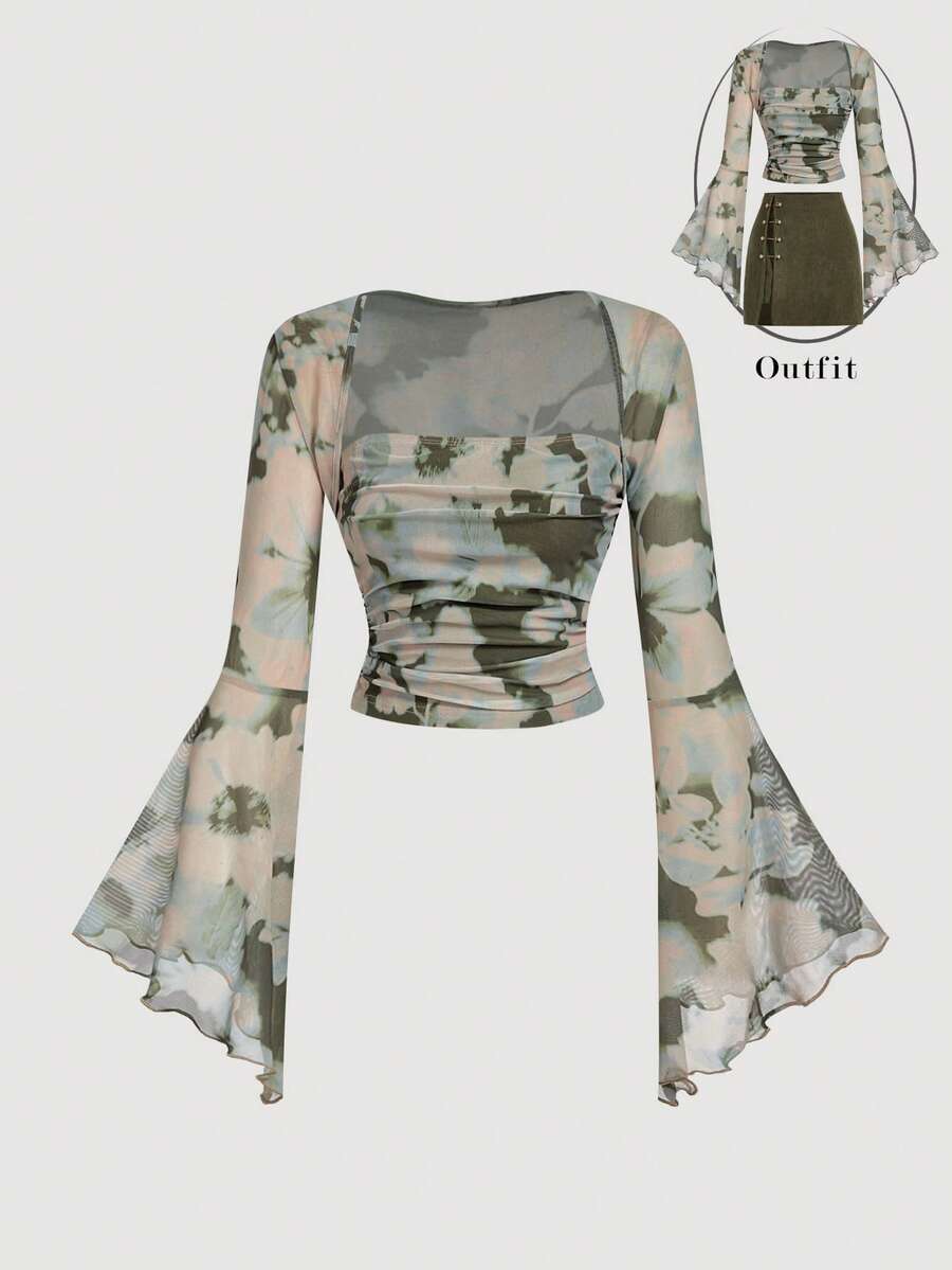 SHEIN MOD 女士喇叭袖扎染抽象花卉T恤 - 彩色 - 查看 1