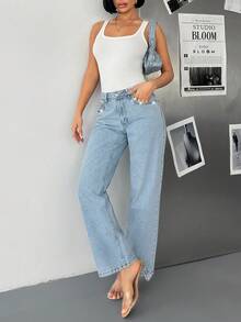 EURMUSE Low Waist Front Pocket Detailed Straight Jean Low Rise Western Jeans Rodeo Rhinestone Denim Mom Jeans For Women Cowgirl Jeans Y2k Jeans - Light Wash - View 7