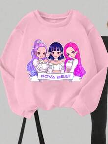 Autumn/Winter Girls' Casual Fashion Creative Personalized Fresh Minimalist High-End Cool Virtual Girl Group Cartoon Character Glitter Pentagram Logo Graphic Print Sweatshirt And Leggings Set, Comfortable Cozy Fall & Winter Styles - Multicolor - View 5