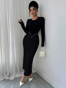 SHEIN Elenzya 女士法式拼接长袖串珠收腰优雅黑色连衣裙，秋冬款 - 黑色 - 查看 5