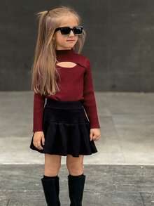 Dazy Kids Girls Turtleneck Slim Fit Hollow Out Long Sleeve Sweater, Fall