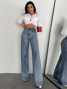 SHEIN Tall بنطلون جينز كاجوال بخصر عالي وساق واسعة من القطن النقي 100% - أزرق متوسط - مشاهدة 6