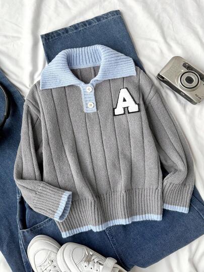 SHEIN Sweter z dzianiny Young Boy z aplikacją z grubego napisu, zapinany na suwak, długi rękaw, jesień/zima