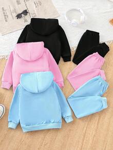 SHEIN 3 件套年轻女孩休闲时尚可爱卡通女孩印花连帽衫和裤子套装，秋冬，蓝色、粉色、黑色运动衫套装，适合日常、运动和学校穿着 - 彩色 - 查看 2