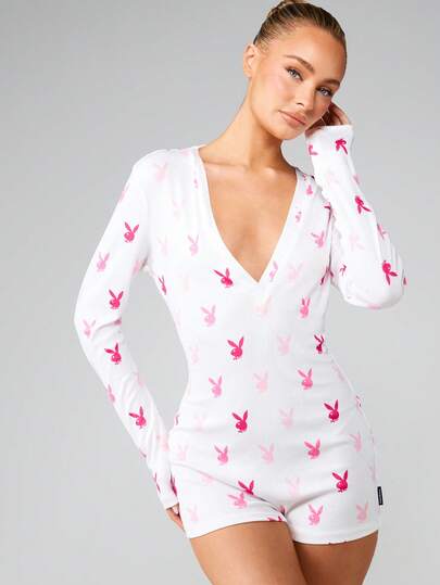 Missguided x Playboy Bunny Print Long Sleeve Romper Pajama Jumpsuit For Lounge Sleep Comfort