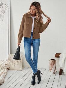 EMERY ROSE 女士麂皮纯色长袖单排扣休闲实用口袋修身夹克 - 駝色 - 查看 3