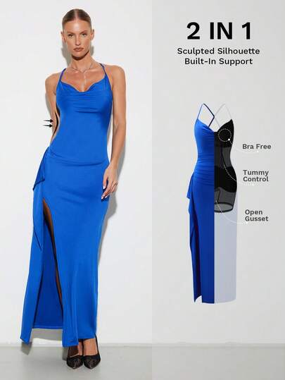 Nuvra Women's Solid Color Spaghetti Strap Slit Elegant Backless Mid-Length Dress