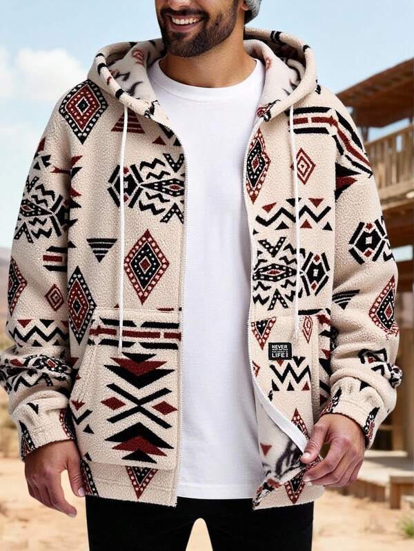Manfinity Nomadique Sudadera con capucha de forro polar con cremallera y estampado geométrico de manga larga para hombre, casual para otoño/invierno