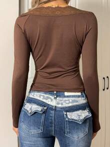 SHEIN EZwear 1 件女式 V 领长袖系带蕾丝 T 恤，时尚，秋季 - 棕色 - 查看 2