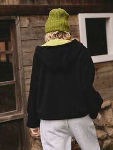 Medorelle 女士秋冬撞色连帽半拉链宽松抓绒卫衣 - 黑色 - 查看 2