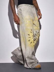 ROMWE MEN Street Life Men's Casual Printed Flare Jeans - Blue - View 4