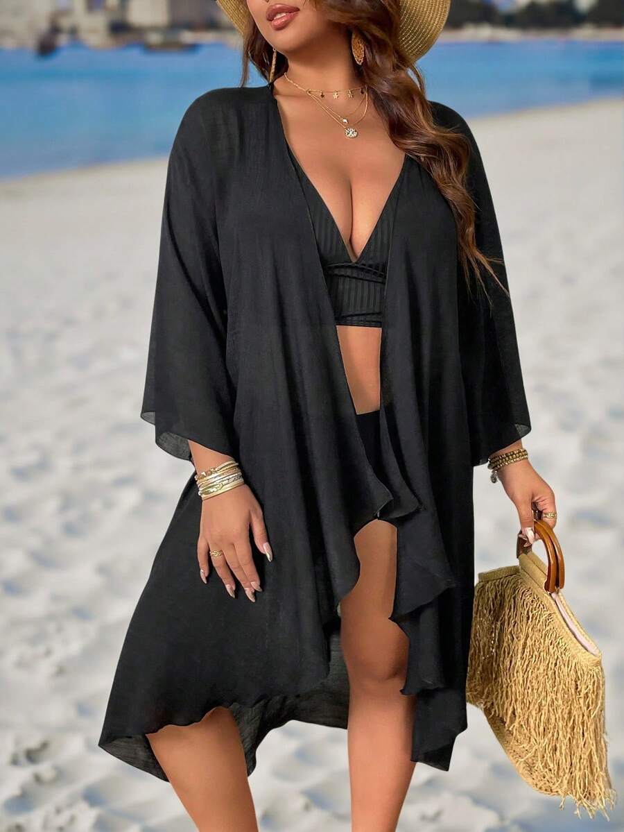 Swim Lushoire 大码女式 1 件纯黑色和服外套，简约成熟夏季海滩度假罩衫，轻盈宽松时尚泳袍长袖罩衫和服