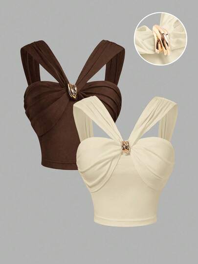 SHEIN MOD 2pcs/Set Criss-Cross Front Metal Decor Top