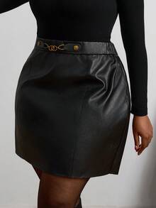 SHEIN PETITE CURVE 大码女式百搭红色金属扣PU迷你裙 - 黑色 - 查看 7