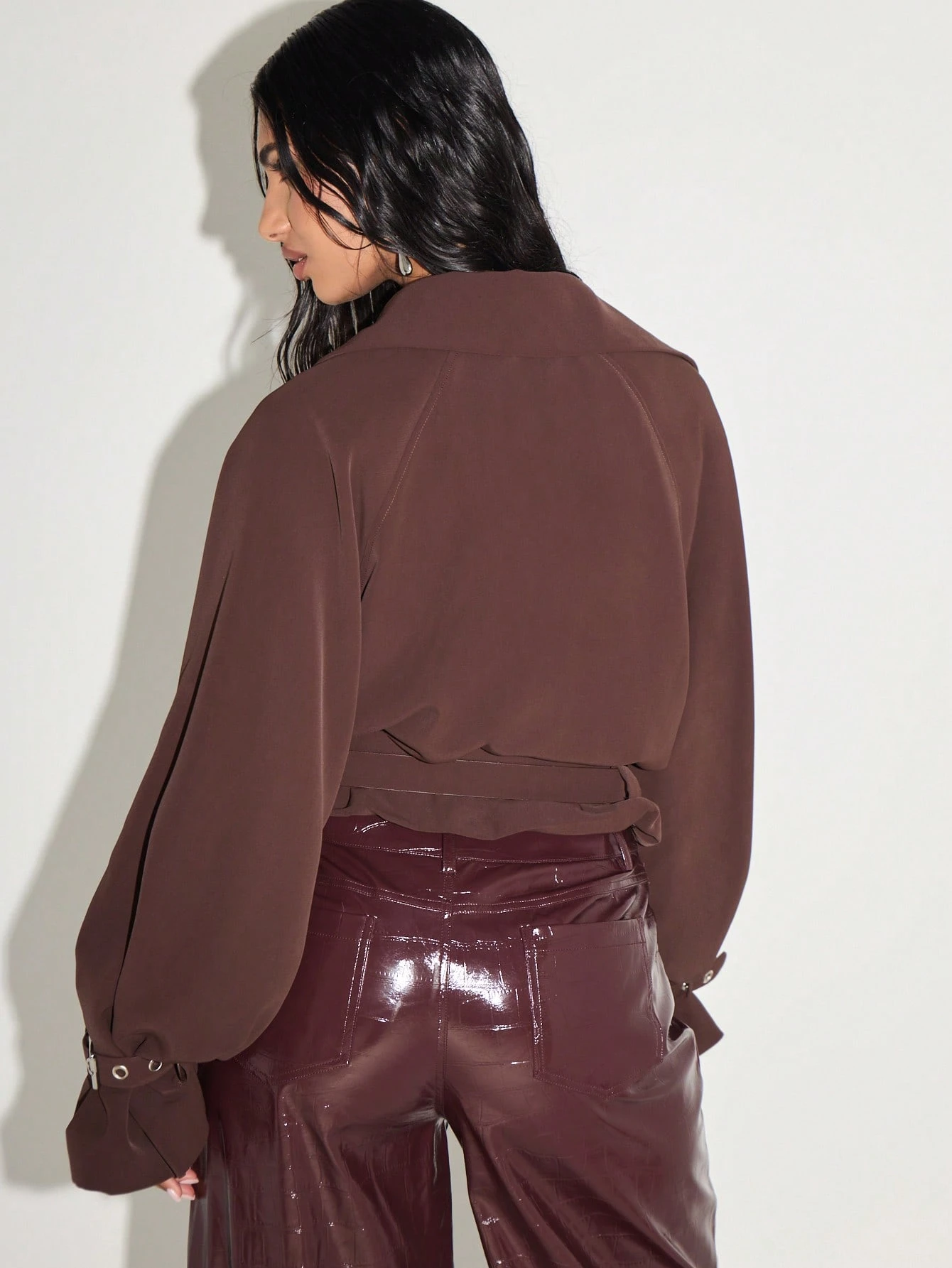 KIZN Cropped Double-Breasted Trench Coat With Buckle Details