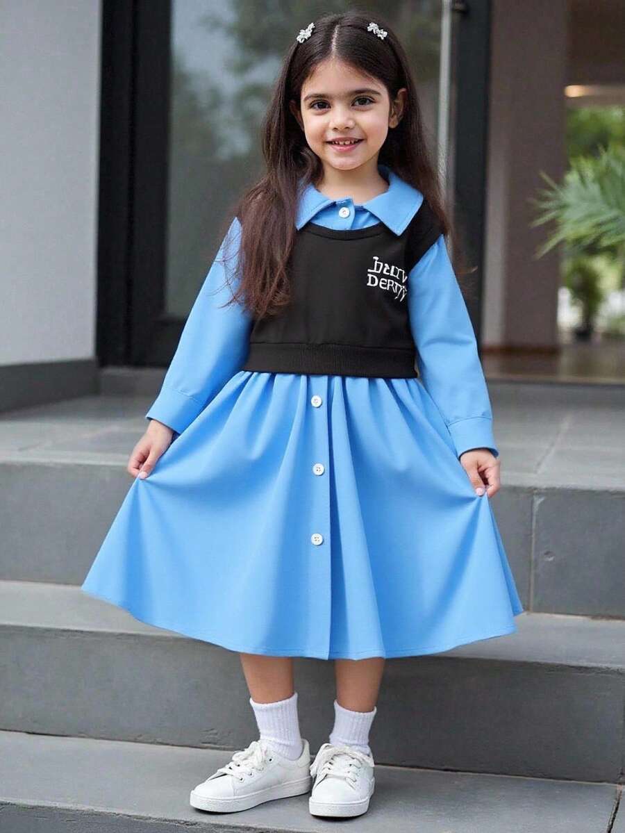 Genkimix Kids Vestido casual de manga larga con estampado de letras para niña, otoño - Multicolor - Ver 1