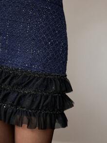 MOTF PREMIUM TWEED CONTRAST LAYERED RUFFLE HEM SKIRT - Blue - View 2