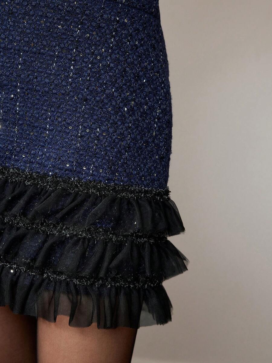 MOTF PREMIUM TWEED CONTRAST LAYERED RUFFLE HEM SKIRT - Blue - View 2