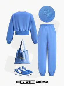 JNSQ Tween Girls 2pcs Outfit Set, Oversized Graphic Letter Print Fleece Sweatshirt Top And Relaxed Straight Leg Sweatpants, Suitable For Casual Wear, Outdoor Activities, Vacation, Streetwear, Party In Autumn And Winter - Baby Blue - View 3