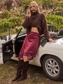 Aralina 女士圣诞感恩节派对酒红色休闲Y2K秋冬缎面层叠下摆中长裙，侧边系带设计，完美适合教师节、乡村音乐会、秋冬季节等场合。 - 紫色 - 查看 11