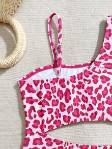 少女镂空腰部连体泳衣，豹纹印花，适合海滩度假 - 彩色 - 查看 6