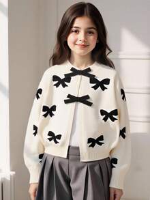 Tween Girls' Premium Autumn Winter New Style Apricot Knit Cardigan- Long-Sleeve Outerwear With Exquisite Jacquard Bow Pattern, Detachable 3D Bow Decoration, Ultra-Soft Cozy Fabric, Loose Lazy Silhouette, Elegant & Versatile, Easy To Match With Tees/Dresses, Suitable For Daily Life & Festive Atmospheres Bow Clothes Sweater With Bows Bow Cardigan Bows Shirt Bow Clothes For Girls Girls Cardigan For Dress Kids Sweaters For Girls Button Girl S Spring And Autumn Suit Simple Dresses For Girls Long Sleeve With Split Jacket - Apricot - View 6
