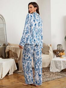 Serenescape 花卉植物印花泡泡褶皱衬衫式女士睡衣套装 蓝白睡衣 蓝色睡衣套装 女士家居服套装 - 藍色 - 查看 2