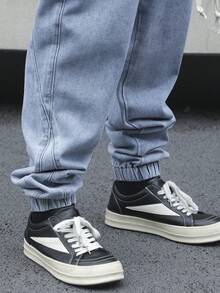 Manfinity Hypemode Lässige amerikanische Stil Jeans mit elastischem Bund und verjüngtem Bein, Herren Loose Fit Jogginghose mit Kordelzug - Blau - Übersicht 7
