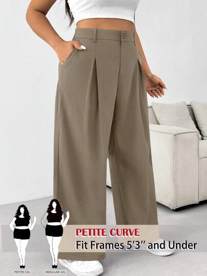 SHEIN PETITE CURVE Plus Size Solid Color Button Casual Wide Leg Pants In Fall/Winter