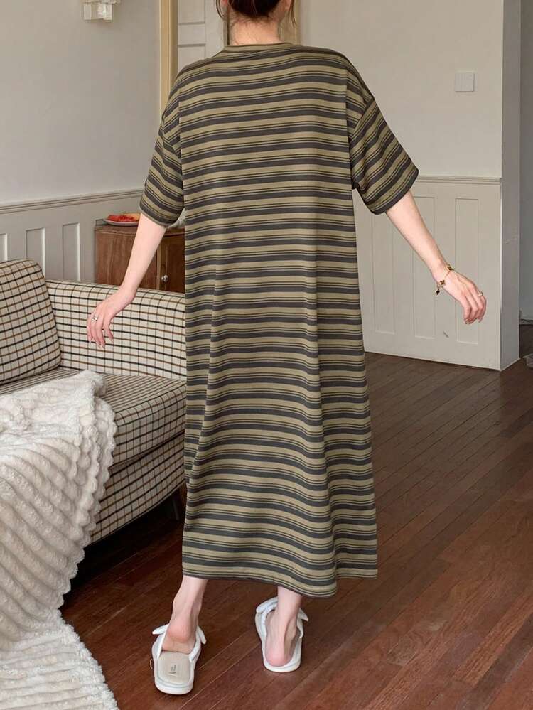 Striped Mini Letter Print Decorated Casual Dress, Moo Moo Lounge Dress Pajama
