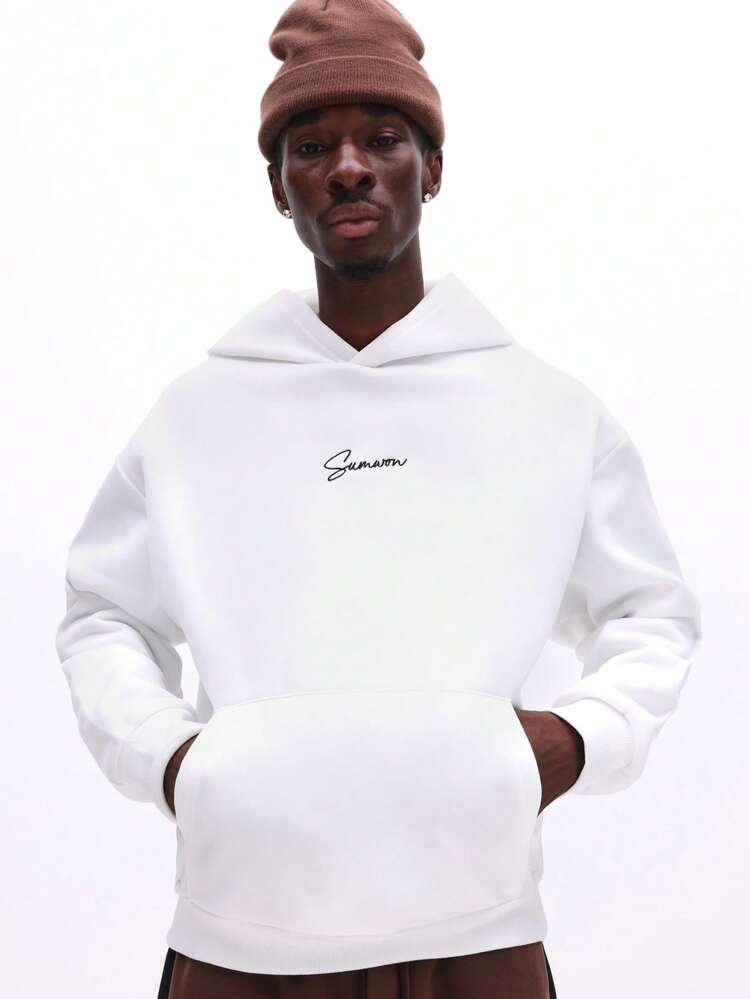 Script Print Pullover Hoodie With Drawstring