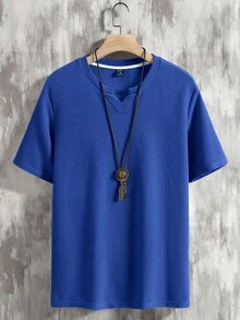 Manfinity Homme 男士纹理V领短袖休闲T恤 - 寶藍色 - 查看 5