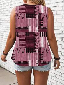 Plus Size Patchwork Print Casual Round Neck Sleeveless Top, Women Graphic T-Shirt For Daily Wear, Going Out, Vacation - Multicolor - View 2