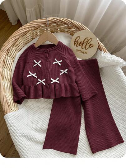 SHEIN Baby Girl Casual Bow Decor Ruffle Hem Sweater And Pants Set, Autumn/Winter