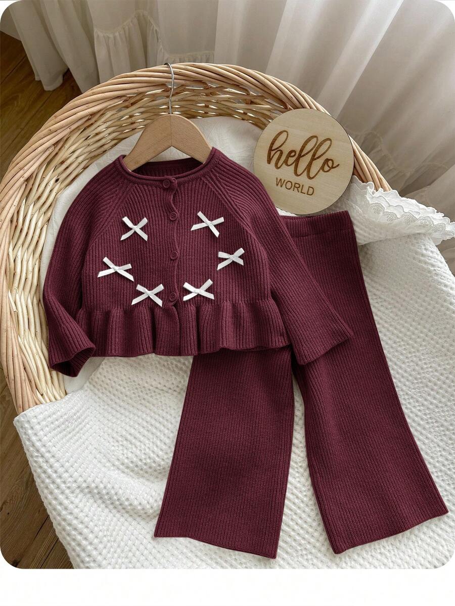 SHEIN Baby Girl Casual Bow Decor Ruffle Hem Sweater And Pants Set, Autumn/Winter - Burgundy - View 1