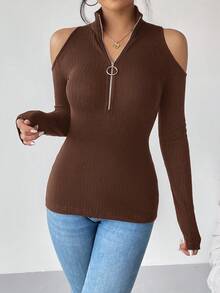 Siren Gaze Áo len dệt kim cổ khoét nửa tay dài thanh lịch dành cho nữ - màu nâu - Xem 6