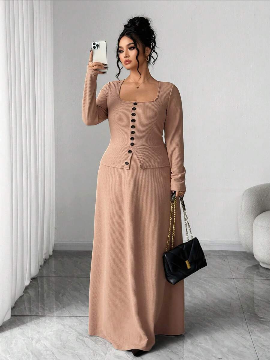 SHEIN Elenzya Elegant Textured Contrast Button Design Plus Size 2 Pieces Set - Khaki - View 1