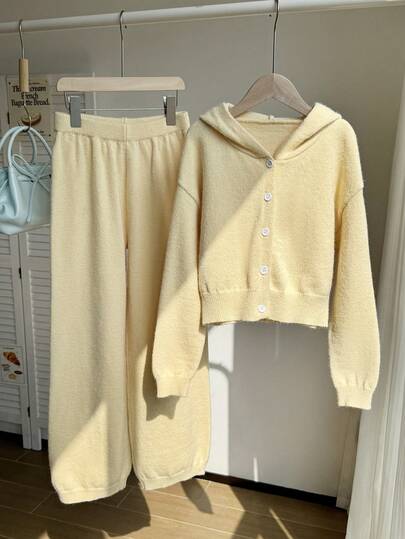 Sparklyn 2pcs Girls Knitted Sweater & Wide Leg Pants Set, Solid Color Long Sleeve Hooded Cardigan & Knit Trousers Girls Lounge Set Yellow Lounge Set Tween Matching Set Knit Lububu Long Sleeve Two Piece Set Mommy And Me Yellow Two Piece Set For Girls