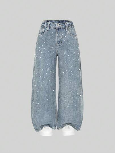 SHEIN Explorewe Jeans larghi casual alla moda per ragazze pre-adolescenti, con strass, lavati, grigio