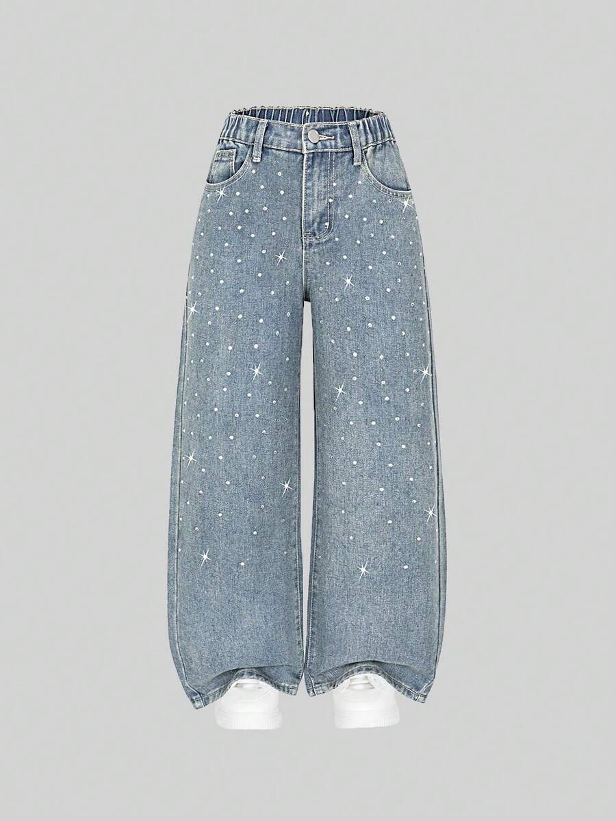 SHEIN Explorewe Tween GirlsGrey Fashionable Casual Rhinestone Embellished Loose Wide-Leg Washed Denim Jeans - Blue - View 1